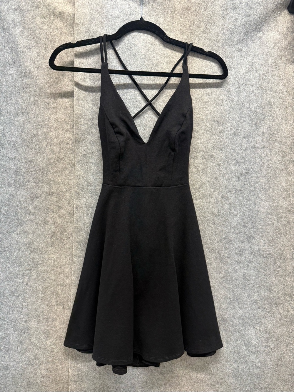 Lulu's Black Crisscross V-Neck Skater Dress - Womens S - Date Night Going Out